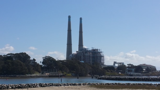 A power plant featuring two tall smokestacks is situated near a body of water. The facility is surrounded by trees and vegetation, with a rocky shoreline in the foreground. The sky is clear with some scattered clouds.