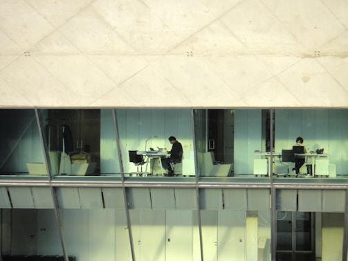 Two individuals sit inside a modern office space, separated by several workstations. The office features large glass windows providing an expansive view, and the walls are lined with sleek, light-colored panels. Each person is focused on their work with one using a computer and the other reviewing documents. The office furniture is minimalistic with several chairs and desks visible. The setting suggests a professional and quiet atmosphere.