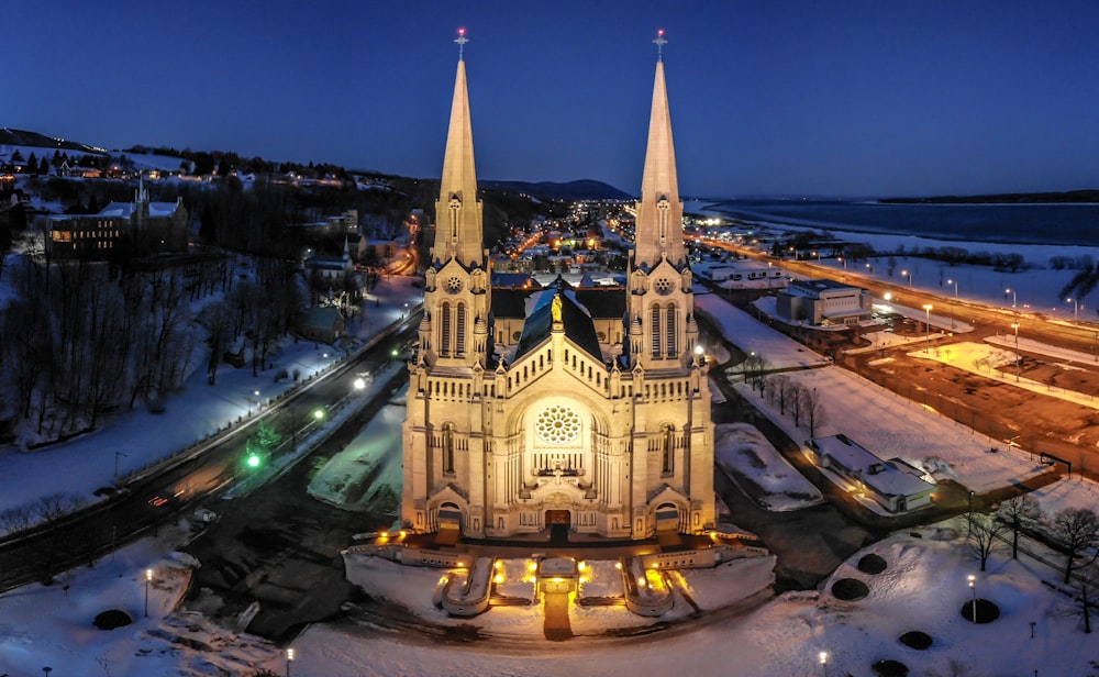 aerial photography of cathedral during blue hour