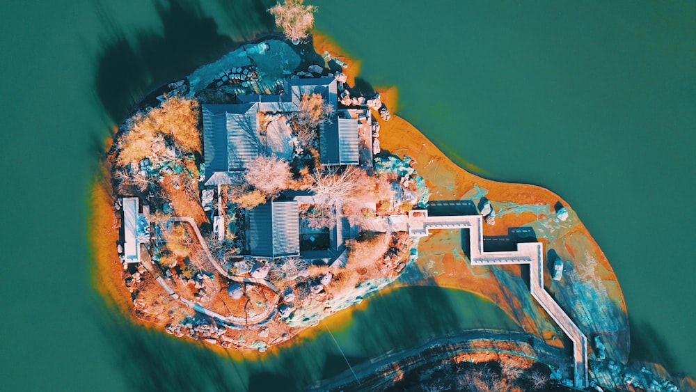 birds eye photography house mansion surrounded by body of water