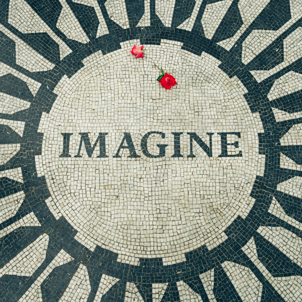 red rose on Imagine text with