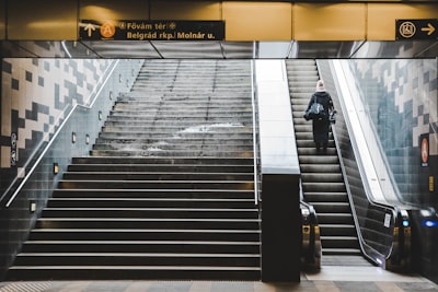 man at escalator going up realistic google meet background