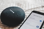 turned-on charcoal Google Home Mini and smartphone