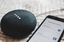 turned-on charcoal Google Home Mini and smartphone