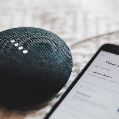 turned-on charcoal Google Home Mini and smartphone