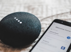 turned-on charcoal Google Home Mini and smartphone