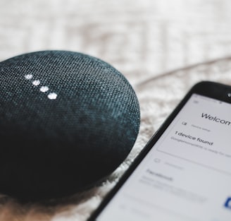 turned-on charcoal Google Home Mini and smartphone