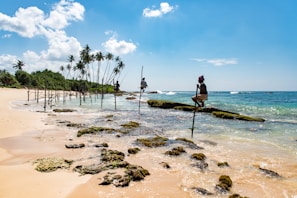 group of people climbing on stand beside seashore