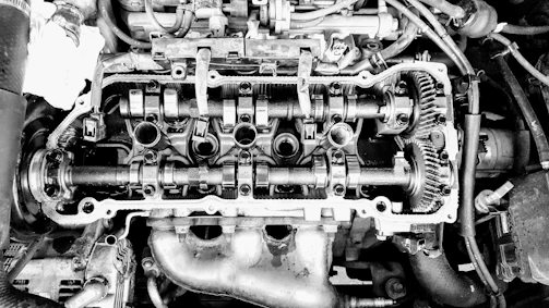 Detailed view of a Deutz Volvo engine cylinder head with visible valves and ports