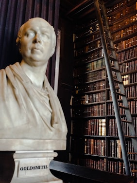 A marble bust of a man labeled 'GOLDSMITH' is placed in a dimly lit library with shelves of books. A ladder is leaning against the bookshelf, which is filled with numerous aged books.
