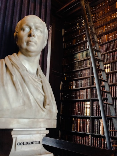 A marble bust of a man labeled 'GOLDSMITH' is placed in a dimly lit library with shelves of books. A ladder is leaning against the bookshelf, which is filled with numerous aged books.