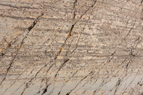 Natural stone surface with visible layers and veins, showcasing a blend of earthy colors and rough textures. Picture of travertine slab.