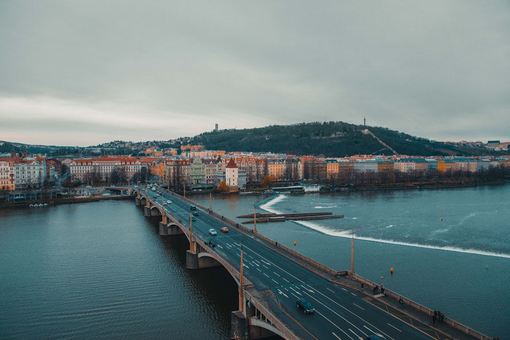 aerial view of bridge near cityscape