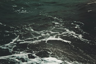 Dark ocean water with visible white foamy waves swirling in various directions, creating a textured surface on the sea.