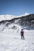 A person equipped with a backpack and walking poles is traversing a snowy landscape surrounded by snow-covered mountains and forested areas. The sky is clear and blue, adding to the serene winter atmosphere.