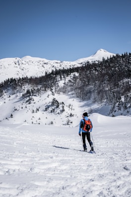 A person equipped with a backpack and walking poles is traversing a snowy landscape surrounded by snow-covered mountains and forested areas. The sky is clear and blue, adding to the serene winter atmosphere.
