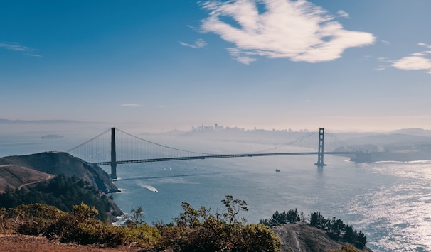 San Francisco’s Bay Area skyline featuring sleek office towers and the Golden Gate Bridge in the background