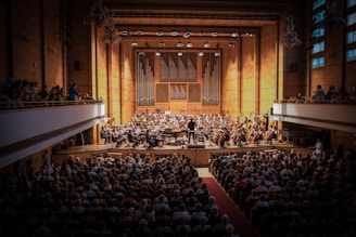 A large orchestra performs on stage in a grand concert hall with wooden walls and a pipe organ backdrop. The hall is filled with an audience seated in rows, and additional spectators are visible in the balcony sections. The conductor stands in the middle, leading the musicians.