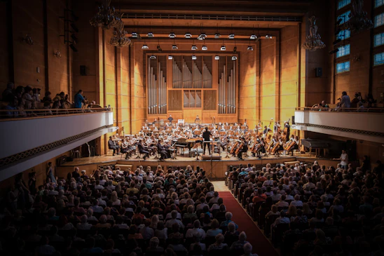 A young boy passionately conducting an orchestra on stage, with a grand theater backdrop.