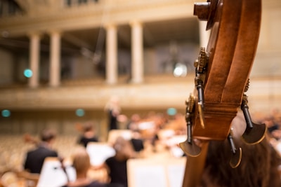 Close-up of musicians from a string quartet tuning their instruments before a concert.