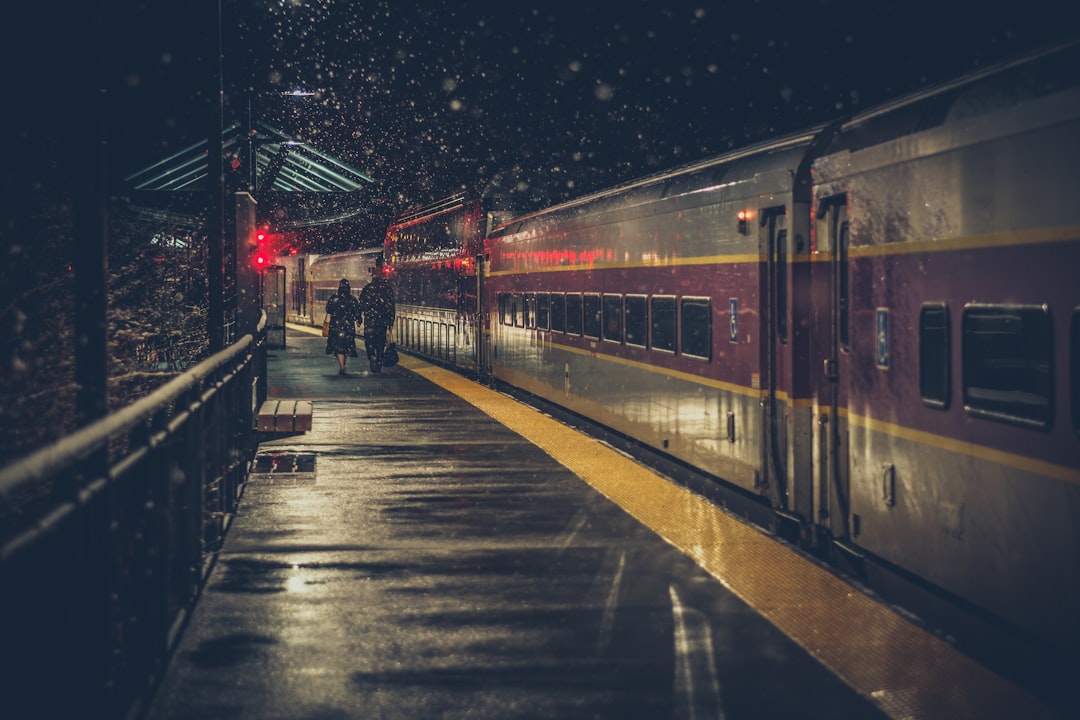 couple walking on train station,