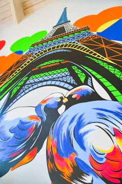 An artistic mural illustrating connection between Europe, France and the Caribbean