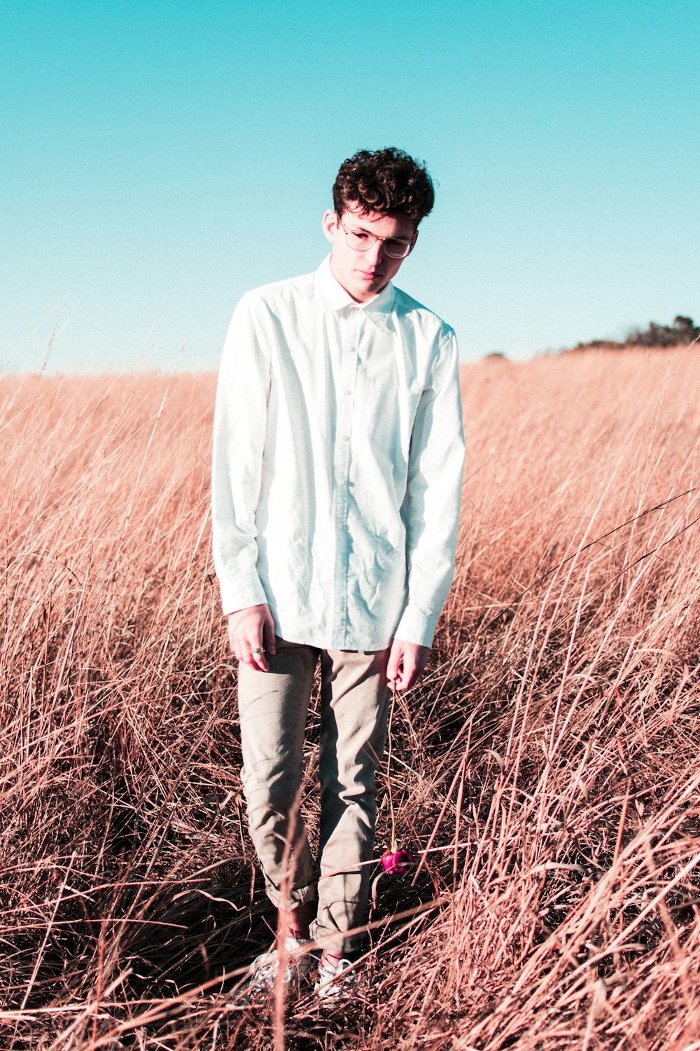 man wearing blue button-up long-sleeved dress shirt on the brown grass