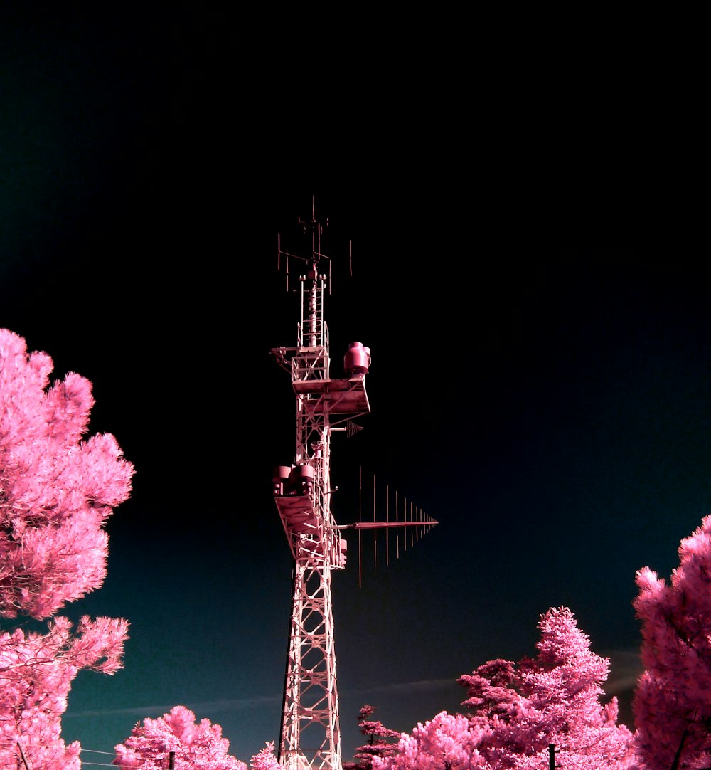 夜のピンクの葉の木々の間にある茶色の塔