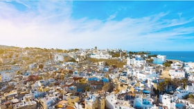areal view of white and blue houses
