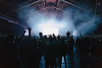 A large crowd of people is gathered at a concert. The audience is facing the stage, some with arms raised, creating a dynamic and energetic atmosphere. Bright stage lights illuminate the scene, casting a misty glow over the venue.
