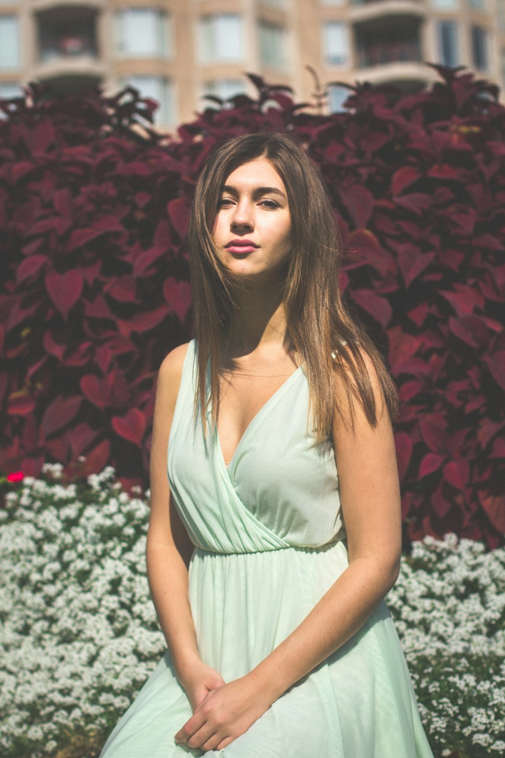 woman sitting in front of red leafed plants