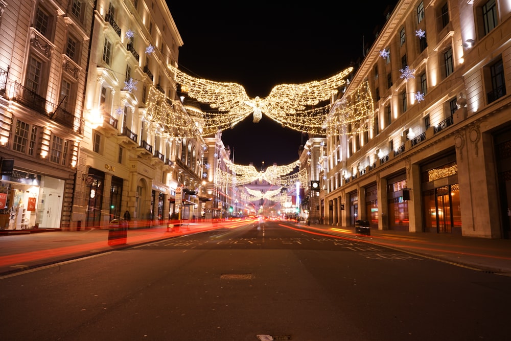 lighted string lights in the street