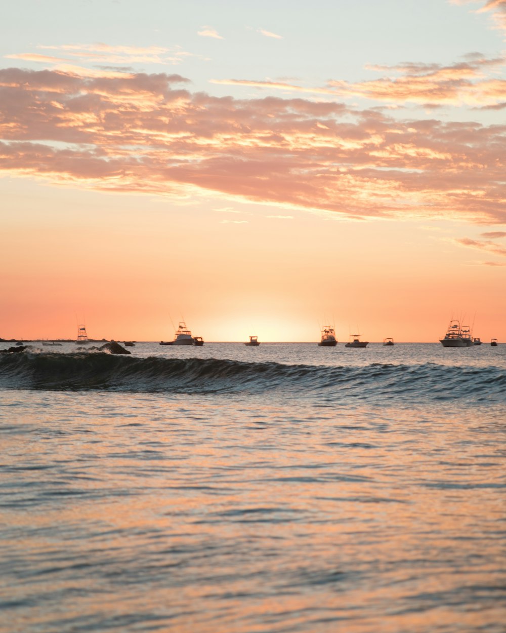 several fishing board on water during sunset