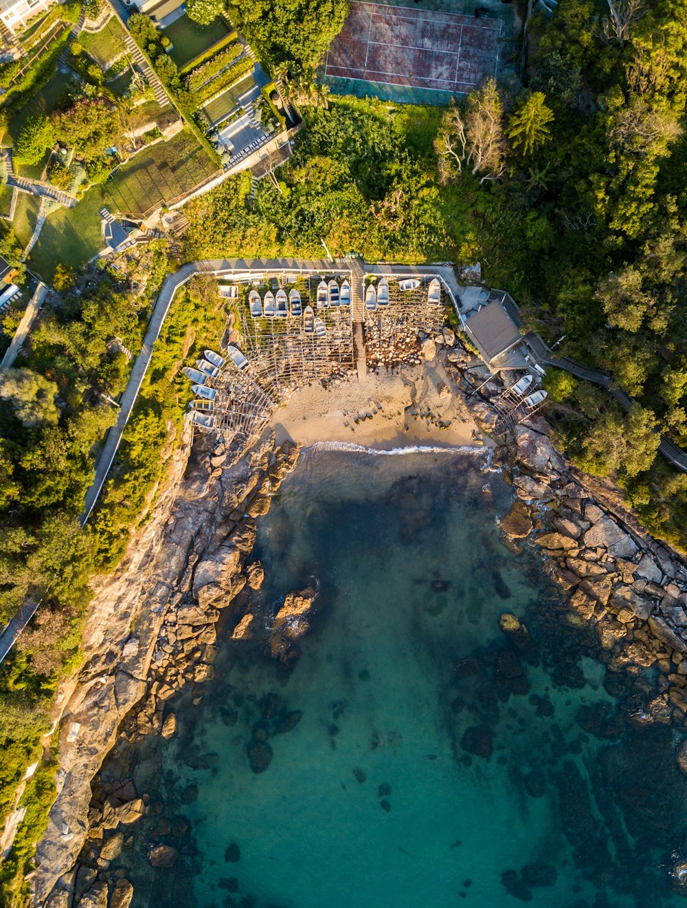 aerial photography of boats on shore