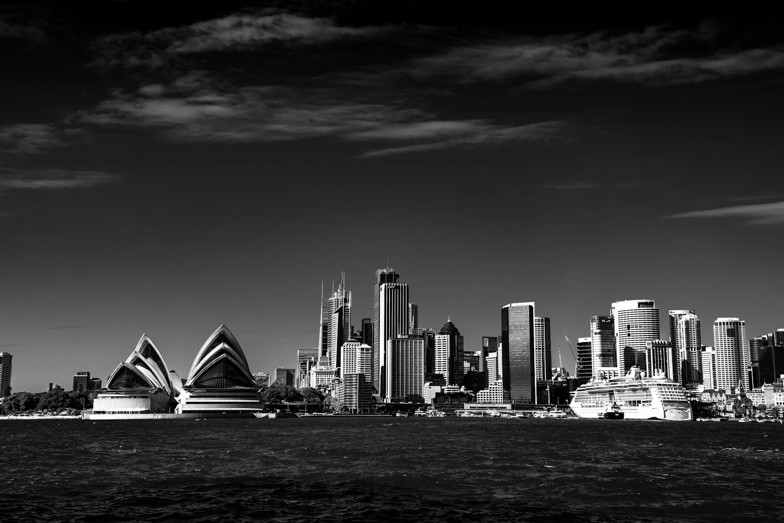 Black and white photograph of Sydney architecture by the harbour
