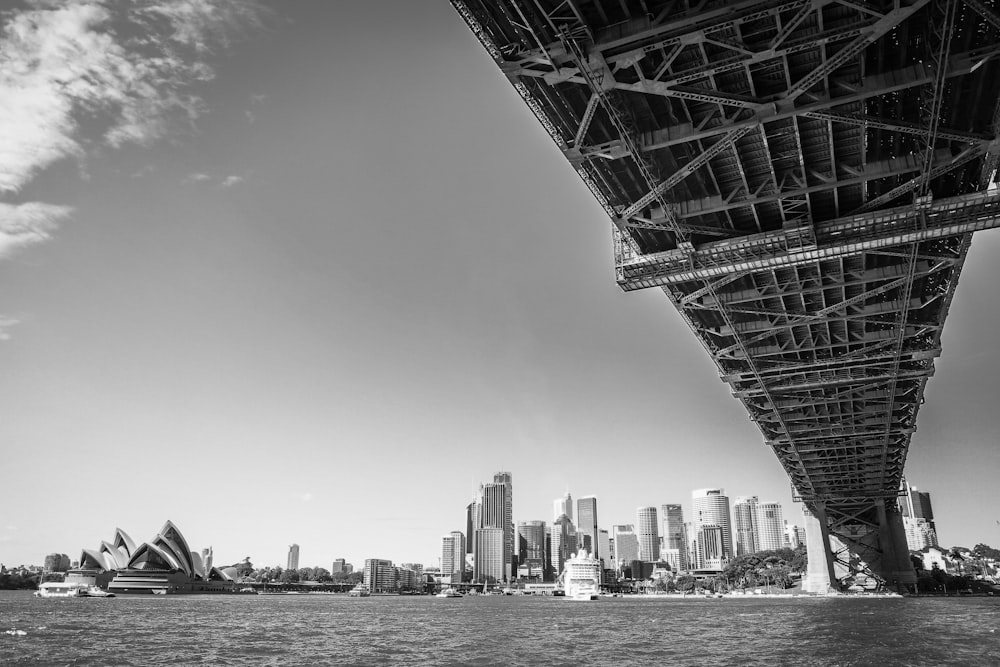 grayscale photography of bridge