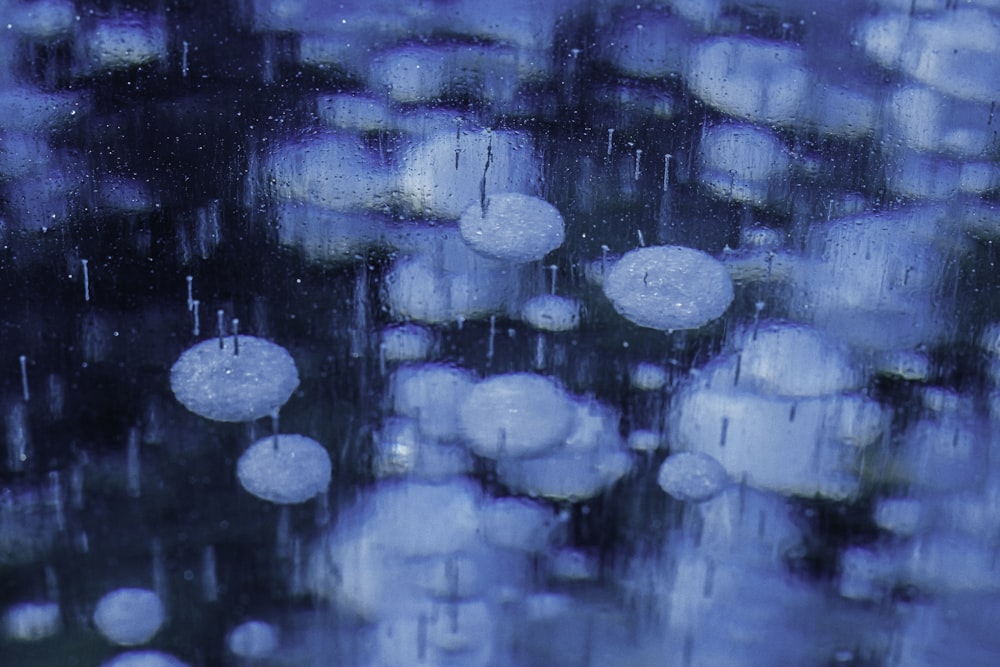 um monte de guarda-chuvas que estão do lado de fora na chuva