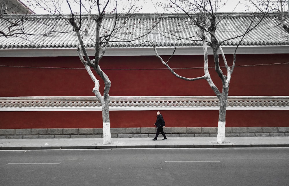 man walking on pathway near wall