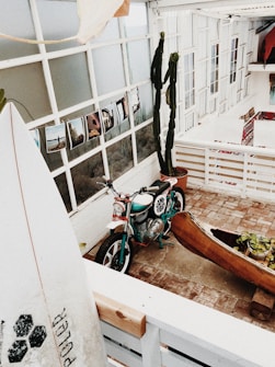 A cozy, rustic indoor setting with a vintage motorcycle marked 'Camp Vibes' and a carved wooden canoe filled with plants. Several photographs are displayed against a white grid-style window, and a surfboard is leaning against a wall. The area is surrounded by white paneling and large glass windows, with decorative rugs adding a touch of color.