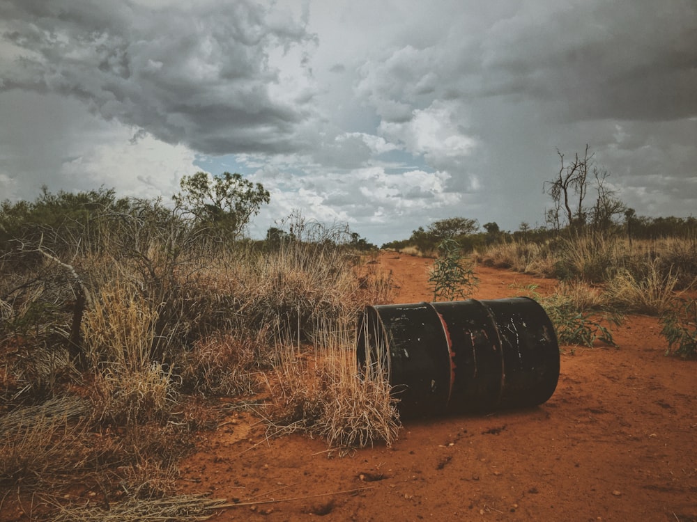 black steel container beside brown grass