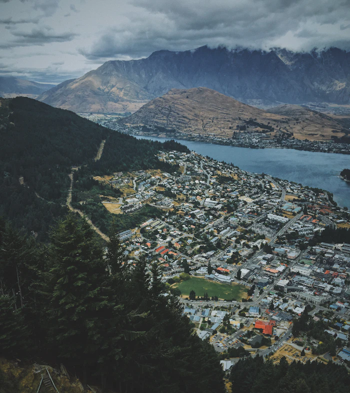 Aerial view of Queenstown and Lake Wakatipu