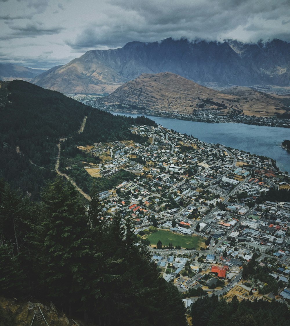 aerial view of cityscape near mountains