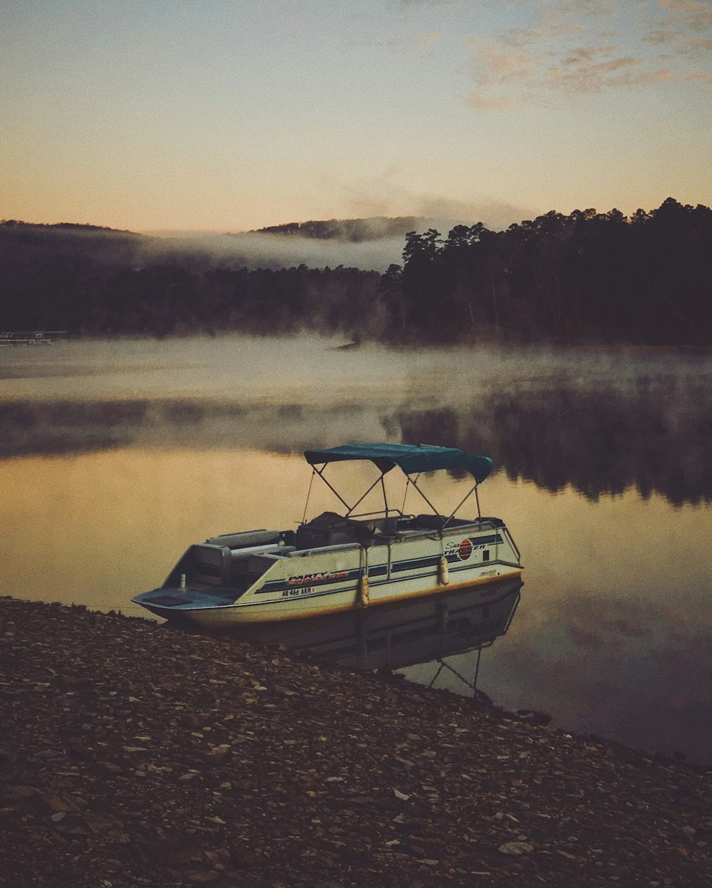 white speedboat on body of water near forest with fog