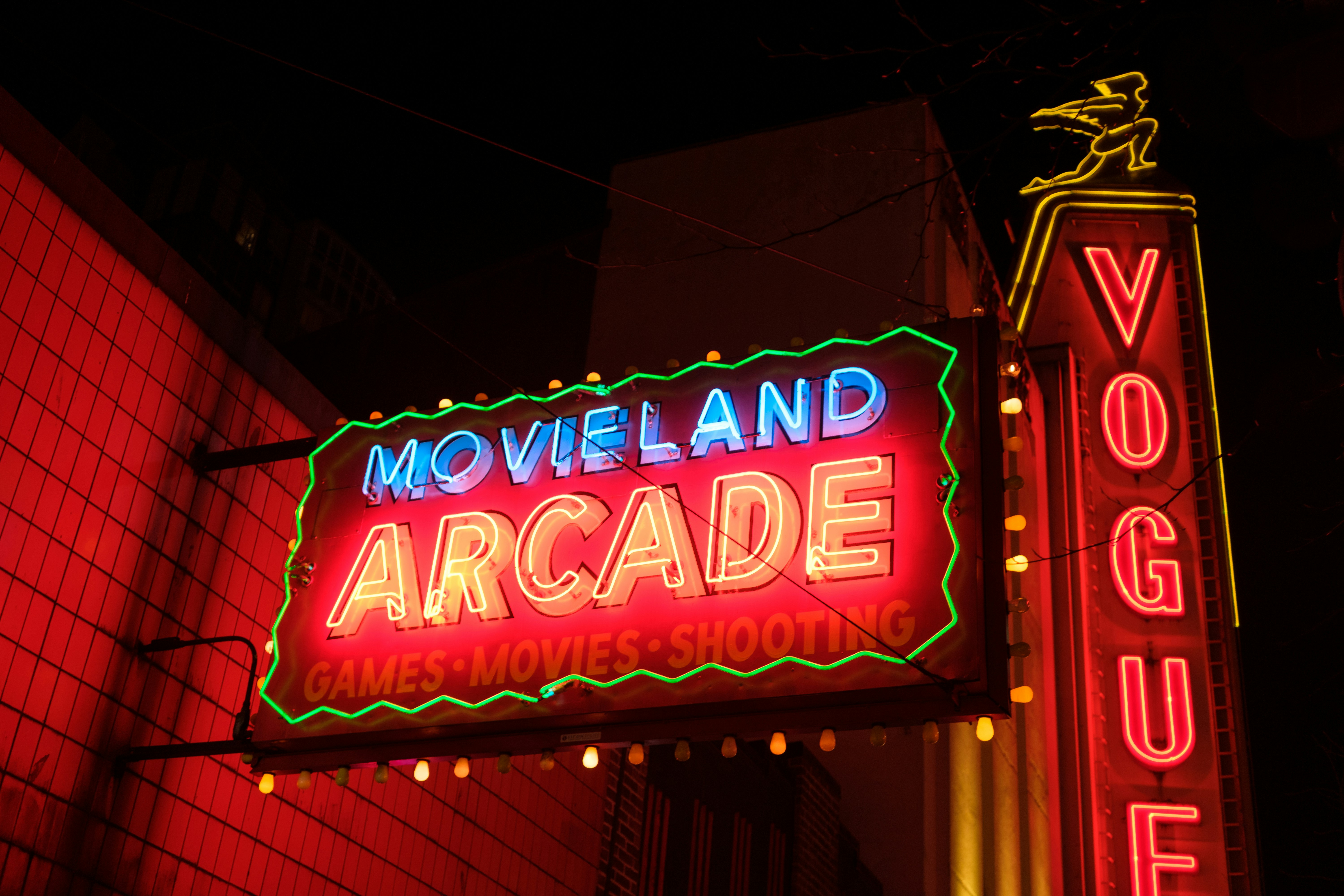 Movieland Arcade neon light signage at night