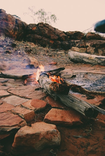 A small campfire burns among large, rough stones and dry logs, with a backdrop of rugged, rocky terrain and sparse vegetation. The setting appears to be a natural, outdoor environment, possibly late in the day as the smoke from the fire drifts upward.