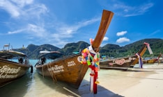 person standing inside the brown boat parked on the seashore