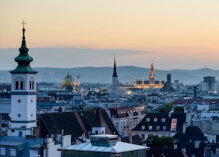 aerial view of a city during sunset