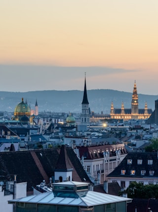 aerial view of a city during sunset