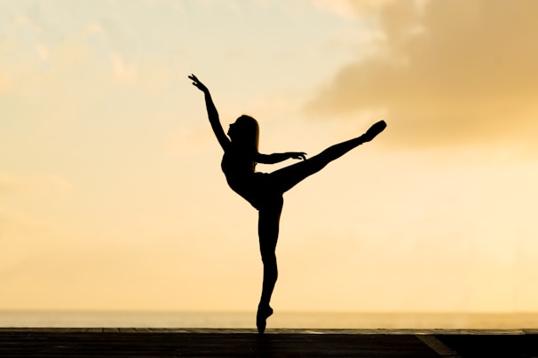 A dramatic silhouette of a dancer leaping against a sunset backdrop.