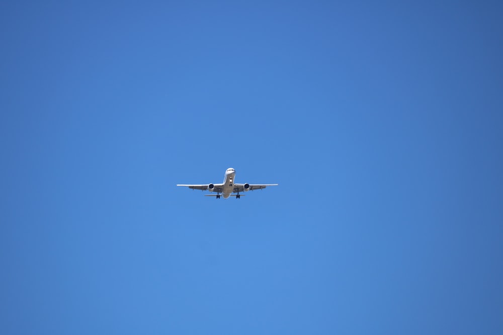 Fotografía de ángulo bajo avión gris bajo cielo azul durante el día